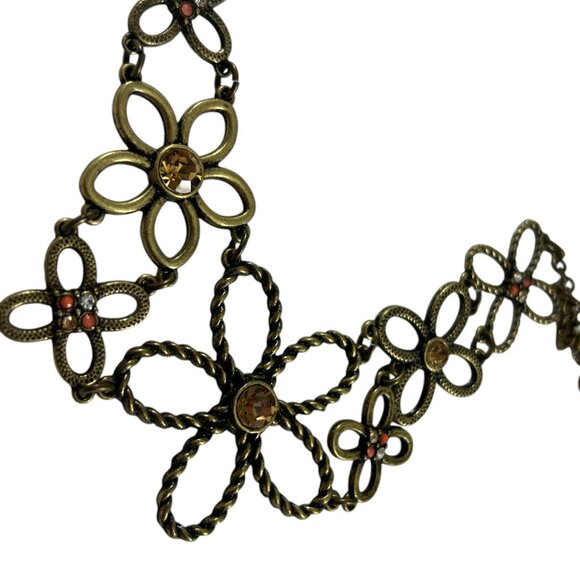Vtg Nina Ricco Avon Brass Tone Floral Statement Necklace Rhinestones Boho Bib - Picture 3 of 10